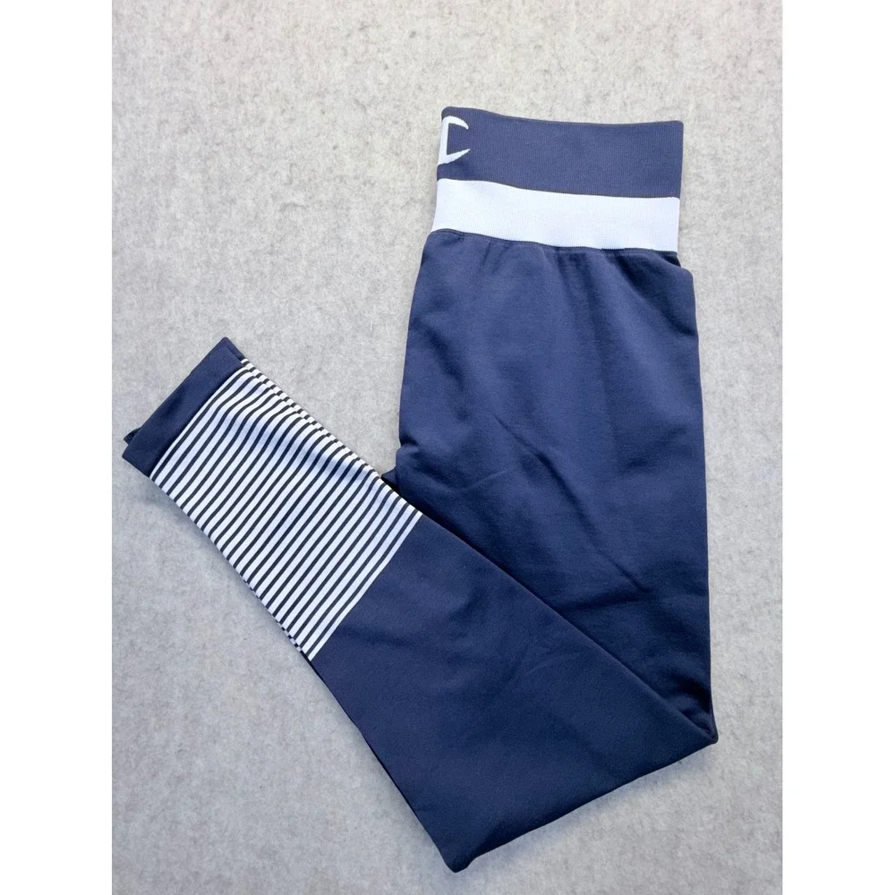 Champion Leggings Womens Small Blue Striped‎ Seamless High Rise Athletic Active